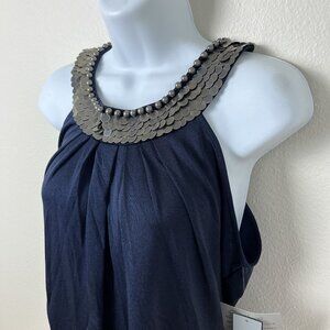 Anne Klein Sleeveless Top Womens L Navy Blue Silk Nylon Round Neck Metal Sequins